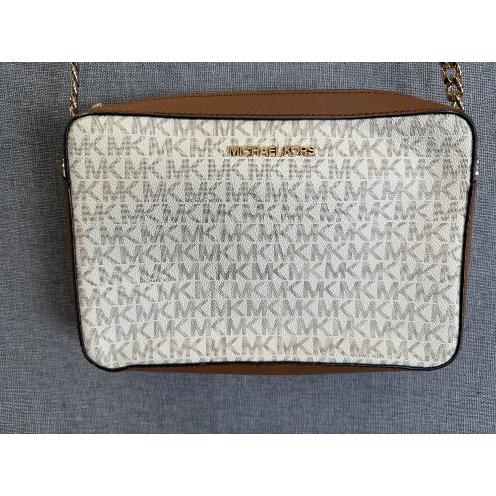 Michael Kors Crossbody Bag Jet Set Canvas Vanilla Brown Signature Logo Purse